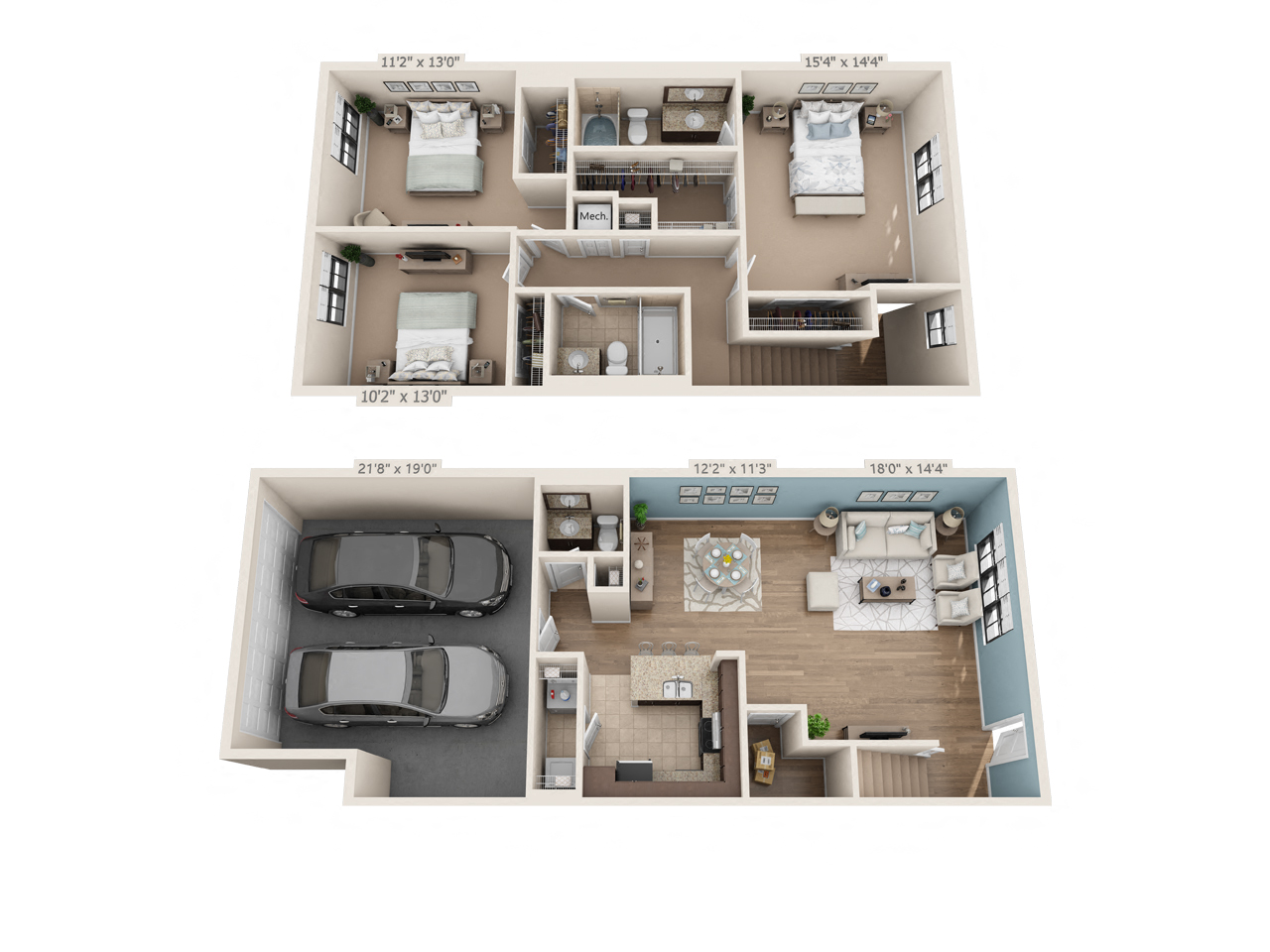 Floor plan for 3 beds, 2.5 baths, 1637 sqft